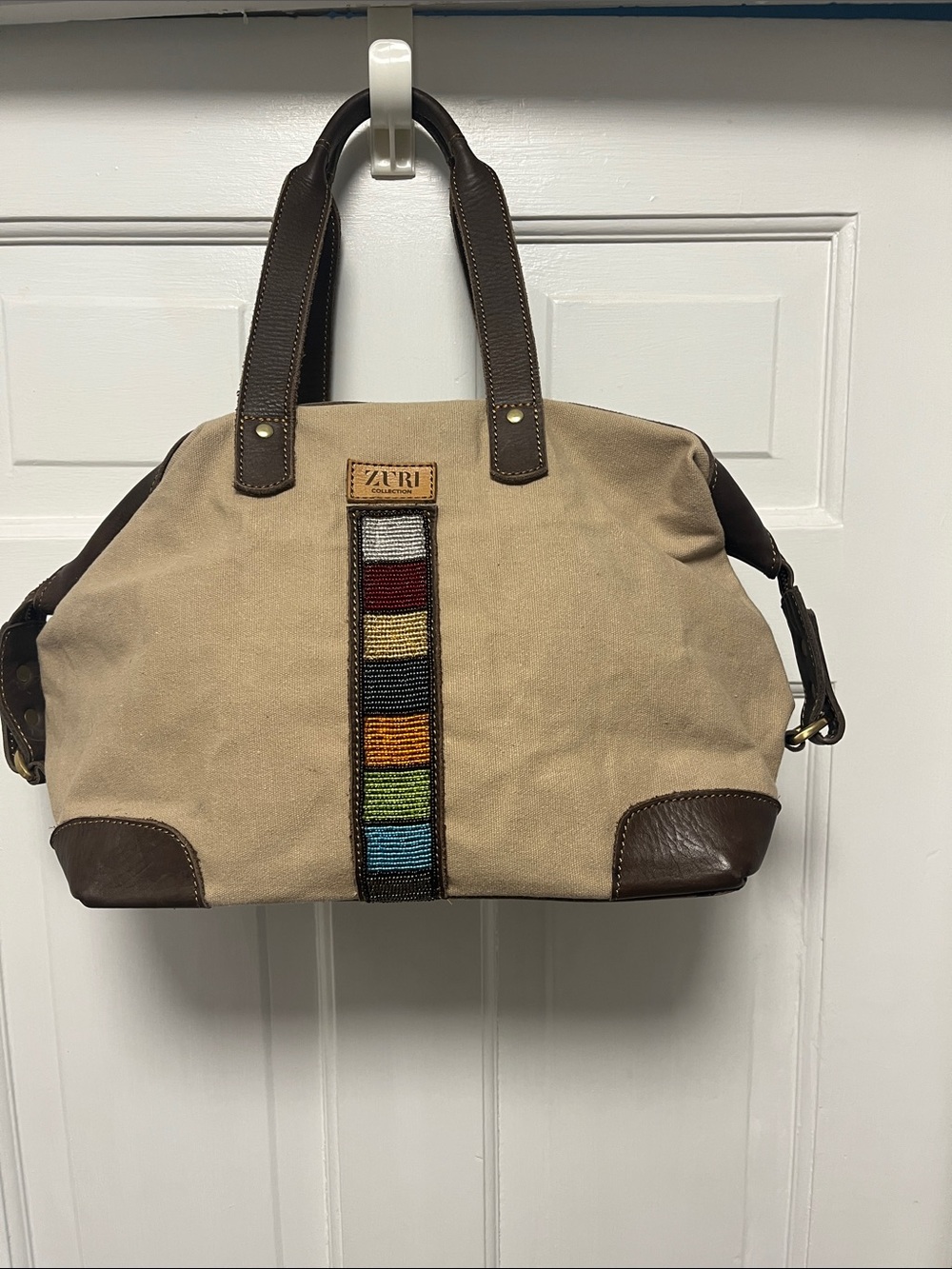 Zuri Beige Canvas Tote with Brown Leather Trim